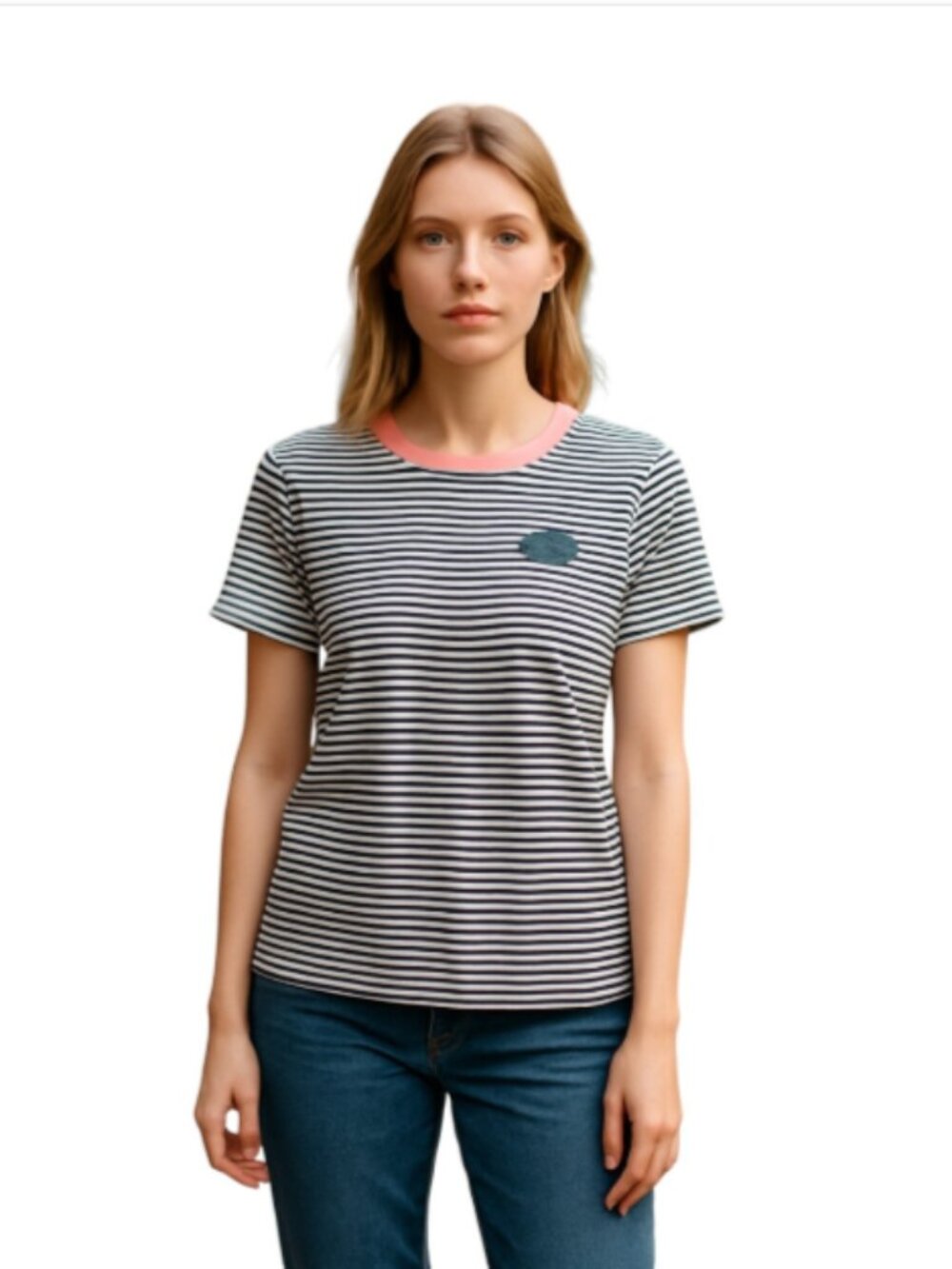 J. Crew Large All Cotton T-Shirt Navy White Striped Peacock Logo Pink Collar